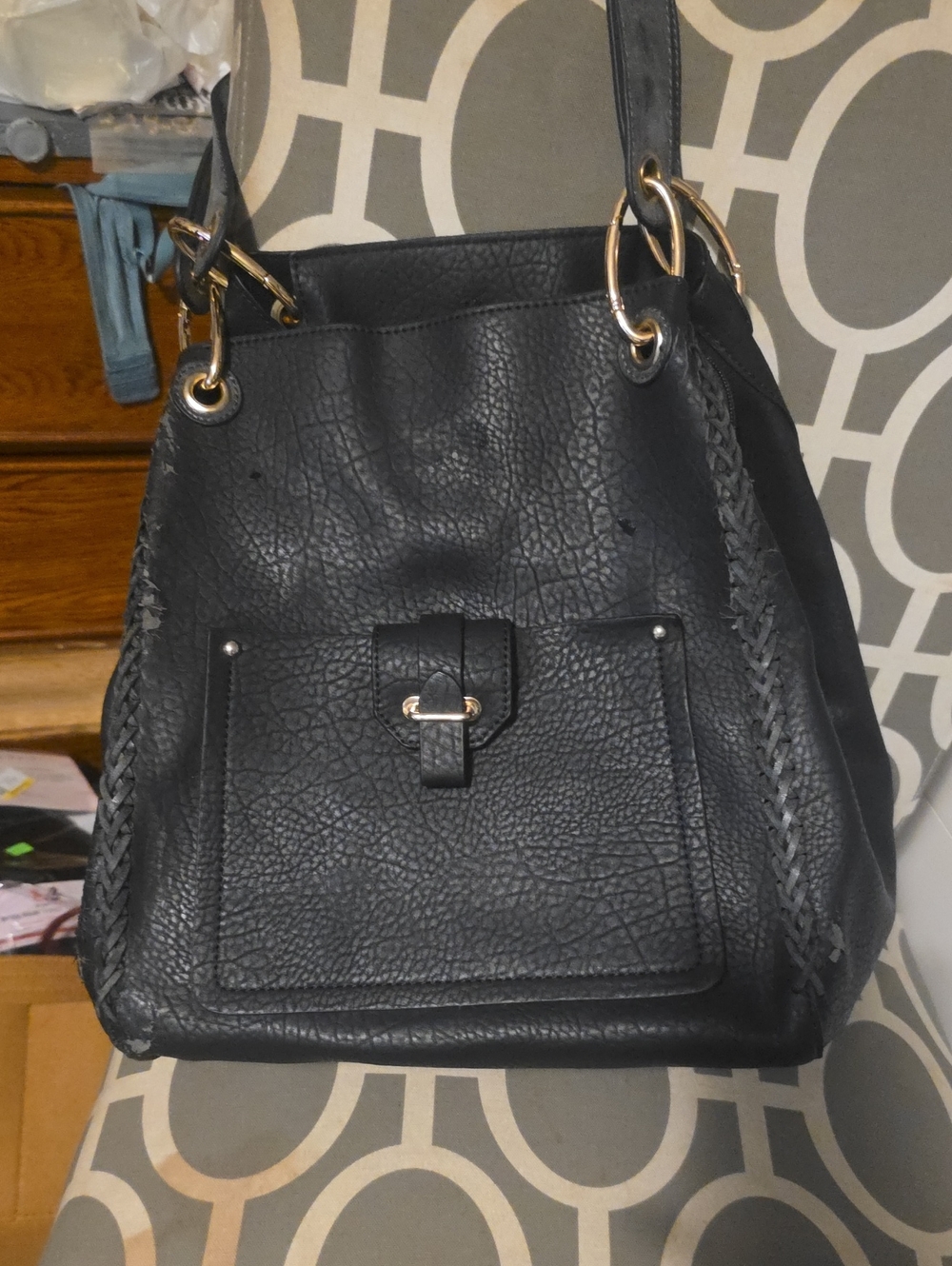 Black Women's Shoulder Bucket Bag with Braided Trim